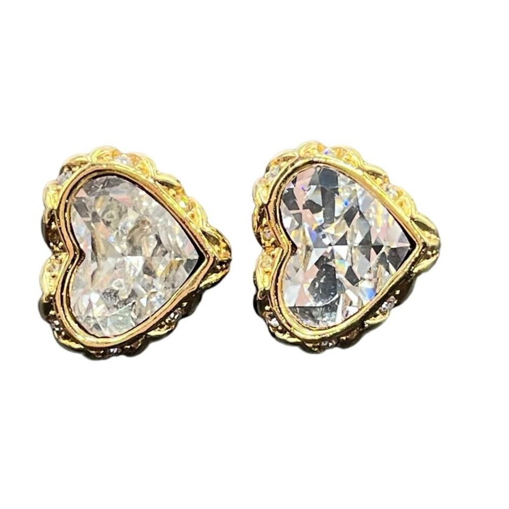 Swarovski Swan Vintage Signed Crystal Bezel Heart Gold Tone Clip On Earrings